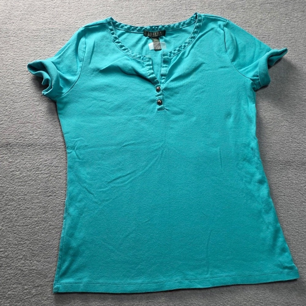 Lauren Ralph‎ Lauren Henley Button Top Womens Large Turquoise Aqua Short Sleeve